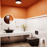 Antique Spacious Bathroom In Orange With Sleek Vanity Unit