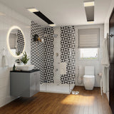 Spacious Bathroom With Black And White Wall Tiles