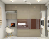 Beige and Brown Sliding Door Contemporary Wardrobe Design with Study