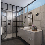 Spacious Bathroom With Black Flooring And Brown Wall Tiles