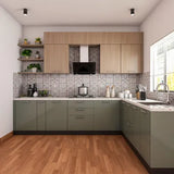 Grey L-Shaped Kitchen Design with Dado Tiles and Hob