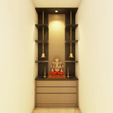 Beige Modern Spacious Pooja Room Design with Hanging Bells