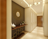 Contemporary Foyer Design With Brown Wall And Wall Decor