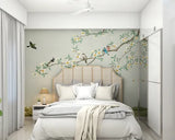 Compact Kids Room Design With Scenic Wallpaper And Sliding Wardrobe